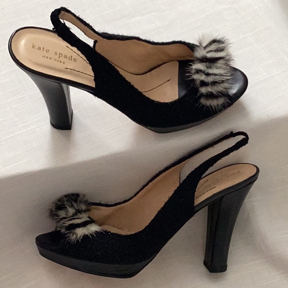 💗 Kate Spade heels 10 peep toe sling back fur trim EUC black tweed